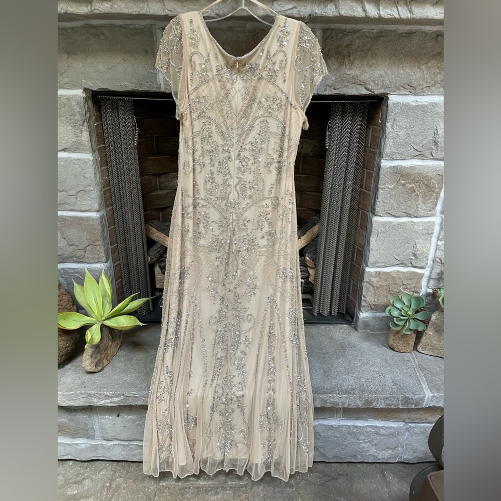Pisarro Nights Beaded Champagne Evening Gown, Short Sleeve
